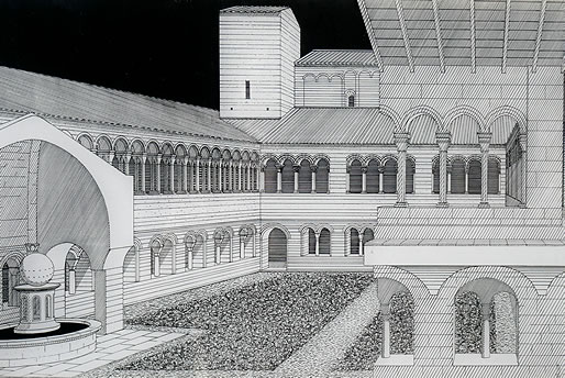 Esquema que recrea el claustro con sus dos pisos