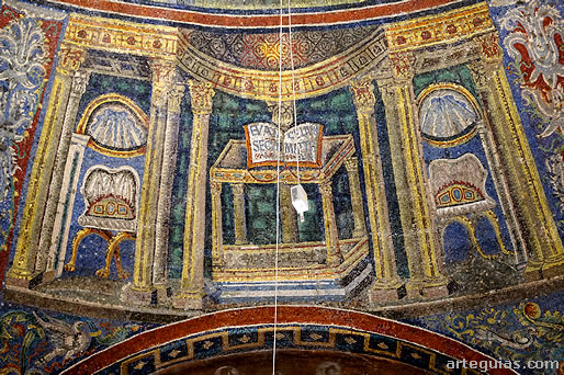 Mosaico paloecristiano simbólico con tronos, veneras y un Evangelio