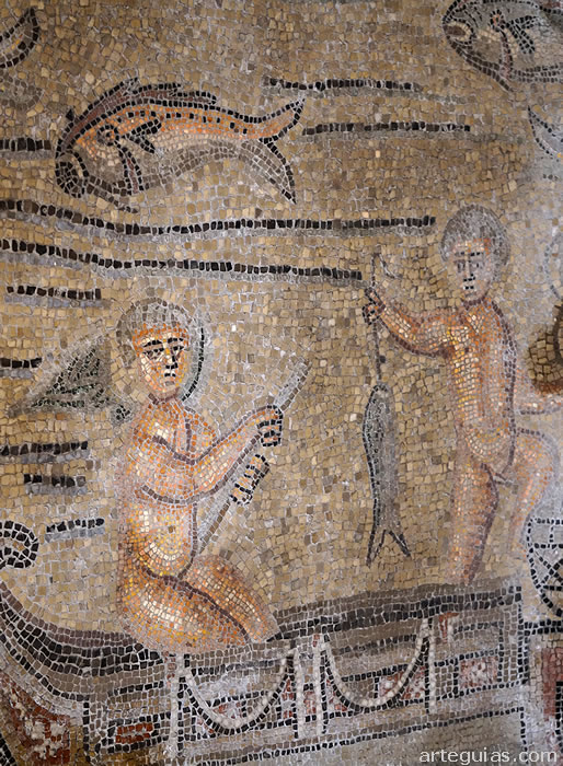 Escena marinera en los mosaicos. Bas&iacute;lica de Aquilea