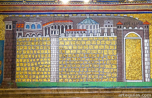 Mosaico que representa la ciudad portuaria de Classe