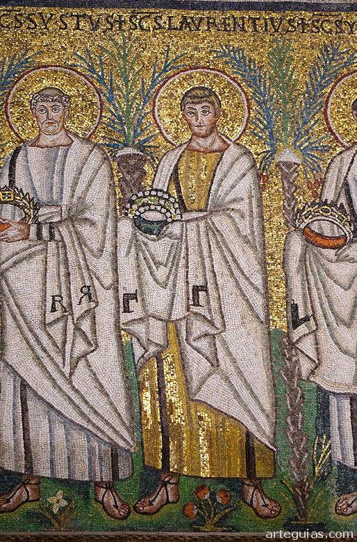 Detalle de los m&aacute;rtires de los mosaicos inferiores de San Apolinar el Nuevo de R&aacute;vena