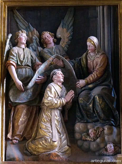 Representación en el retablo de la imposición de la casulla a San Ildefonso