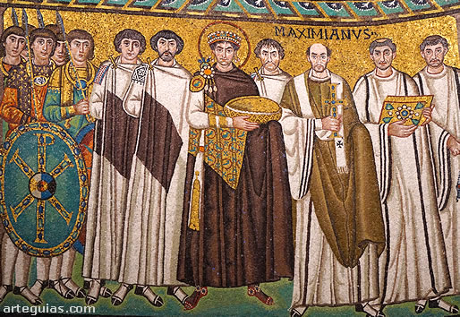 Mosaico de Justiniano y su s&eacute;quito, uno de los mosaicos m&aacute;s famosos de San Vital