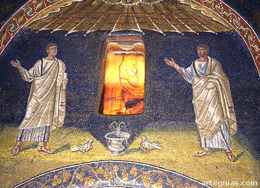 Dos ap&oacute;stoles y palomas con una cr&aacute;tera de la que surge agua