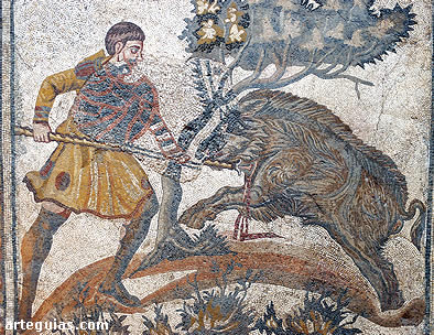 Mosaico con una escena de la caza del jabal&iacute;
